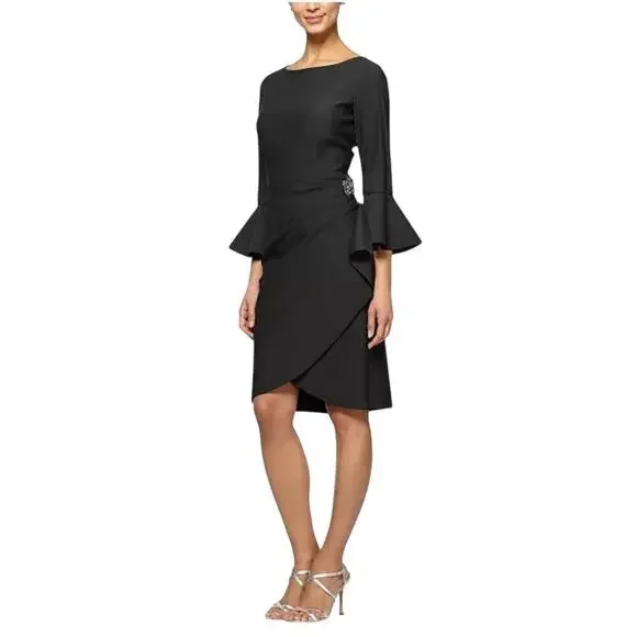 Alex Evenings Black Bell-Sleeve Draped Compression Sheath Dress Size 6 - Picture 2 of 7